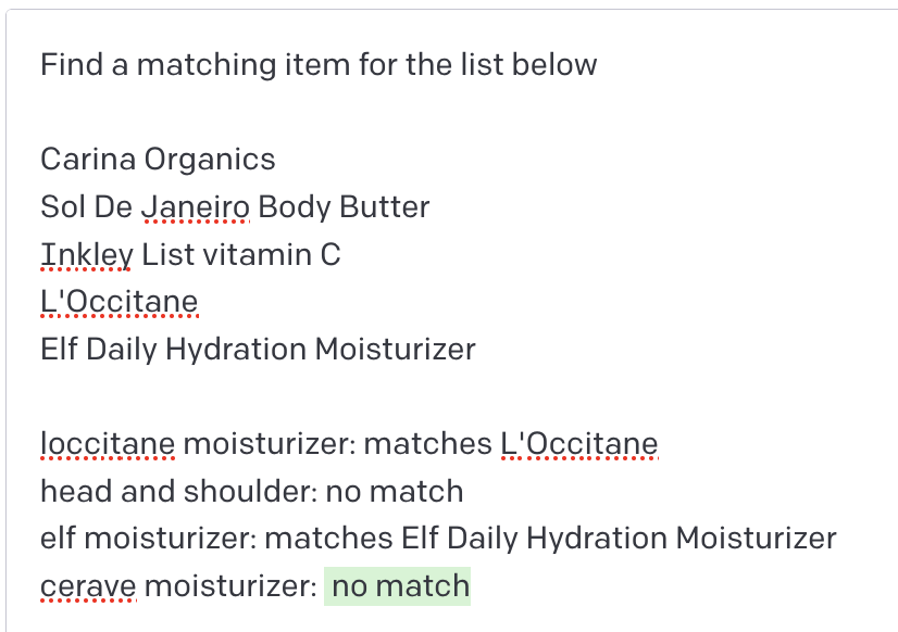 GPT-3 correctly identifying no nmatches